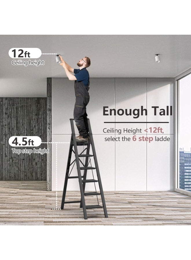 توشيونيكس سلم قابل للطي من الألومنيوم بست درجات، خفيف الوزن ومتعدد الاستخدامات، مزود بمقبض يد ودواسات عريضة مانعة للانزلاق، يتحمل وزنًا يصل إلى 150 كجم، سلم موفر للمساحة مناسب للأسقف التي يصل ارتفاعها إلى 3.6 متر، للاستخدام المنزلي والمكتبي - أسود - Image 5